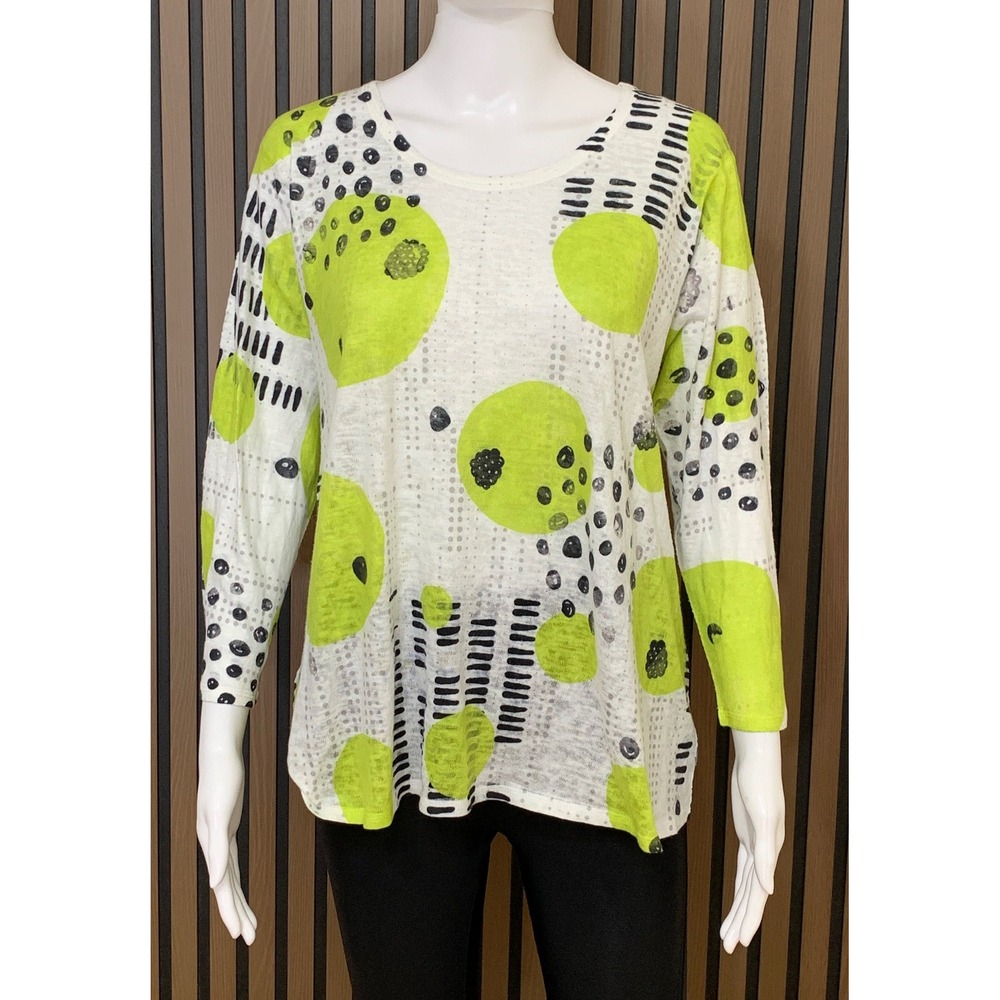 Et'Lois Women's XL Green White Abstract Polka Dot Long Sleeve Top Lagenlook